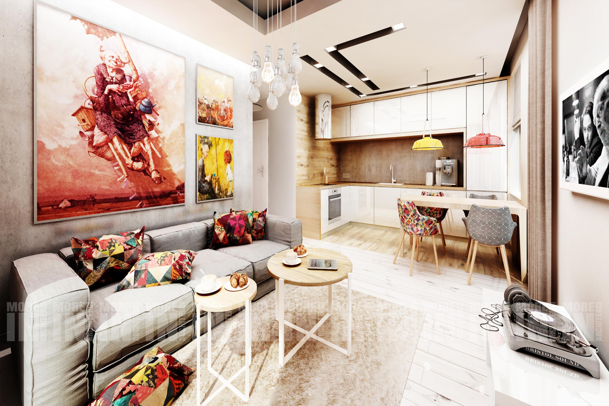 Wnętrze mieszkania w stylu eklektycznym: szara sofa z kolorowymi poduszkami, okrągłe stoliki kawowe, dywan shaggy, obrazy na ścianie, otwarta kuchnia z białymi szafkami i drewnianym blatem, wiszące...