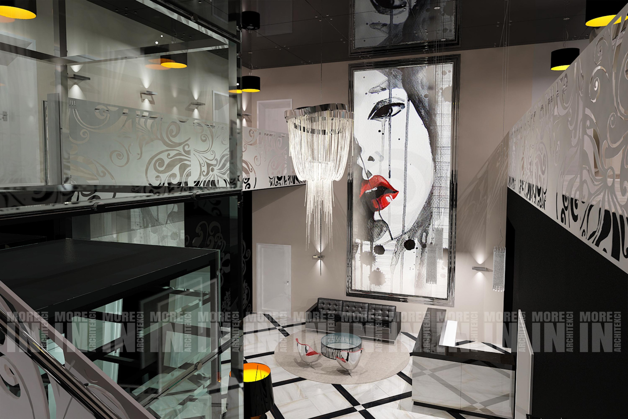 Wnętrze budynku usługowego z antresolą, z dekoracyjną balustradą, nowoczesnym oświetleniem, obrazem kobiety z czerwonymi ustami, czarną sofą i okrągłym dywanem.