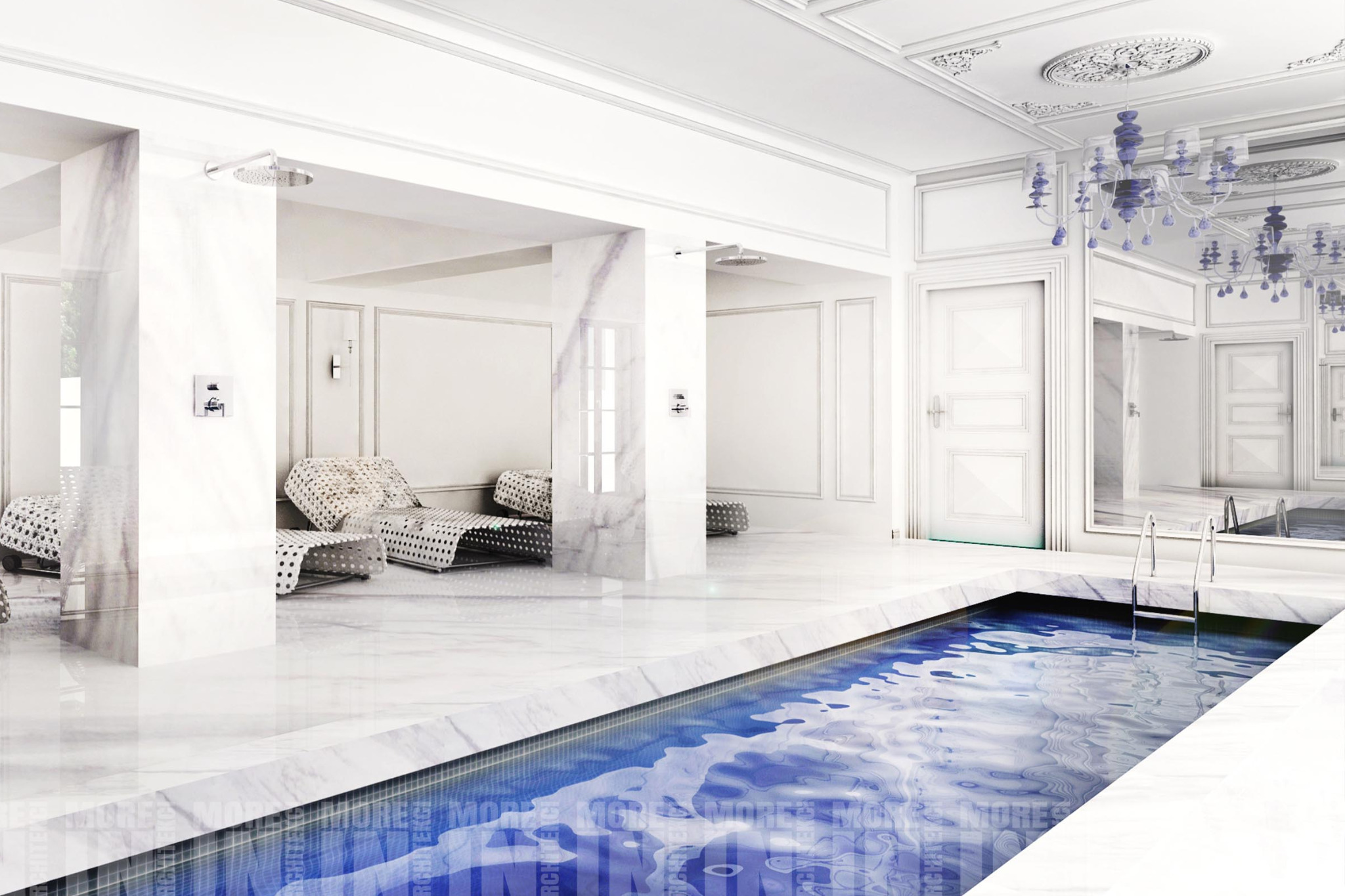 Luksusowy basen w jasnym wnętrzu łazienki w Sosnowcu, z marmurowymi wykończeniami i designerskim oświetleniem.