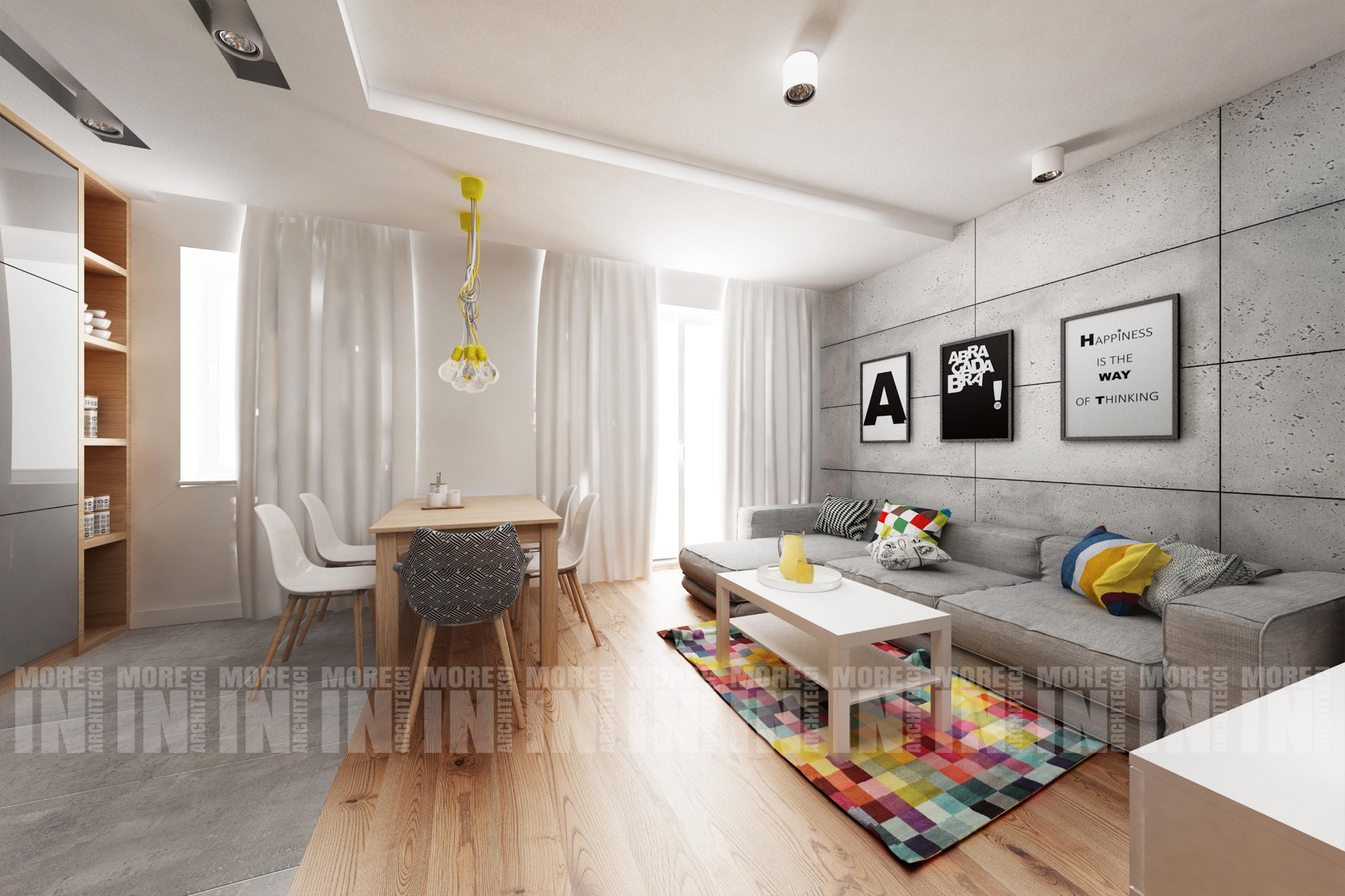 Nowoczesny salon z szarą sofą, geometrycznym dywanem, drewnianym stołem i krzesłami, betonową ścianą z plakatami oraz wiszącą lampą z żółtymi akcentami.