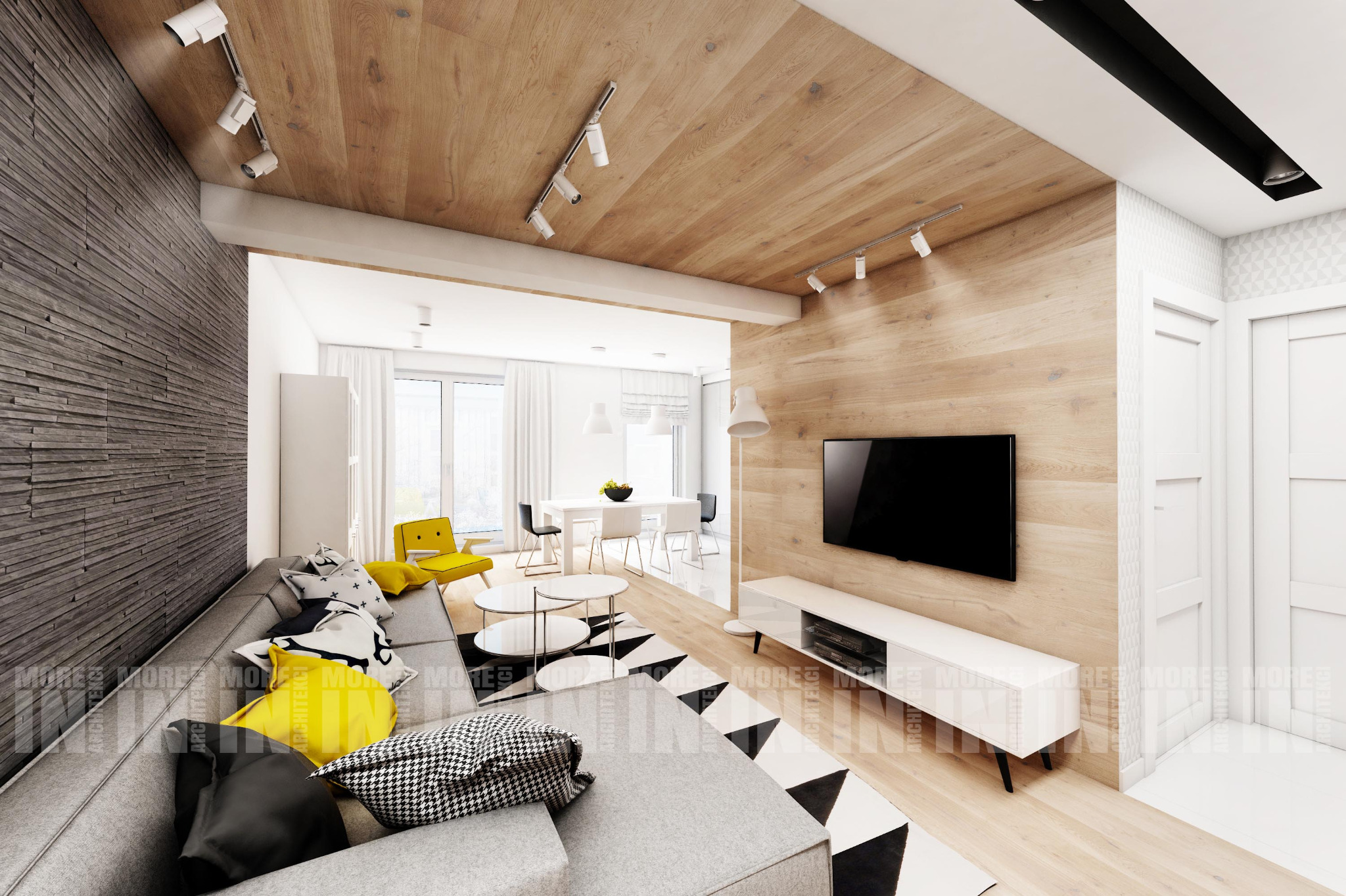 Wnętrze salonu z drewnianym sufitem i ścianą z imitacji kamienia, szara sofa z żółtymi poduszkami, telewizor na ścianie z drewnianych paneli, biała komoda RTV, dywan w geometryczne wzory, widok...