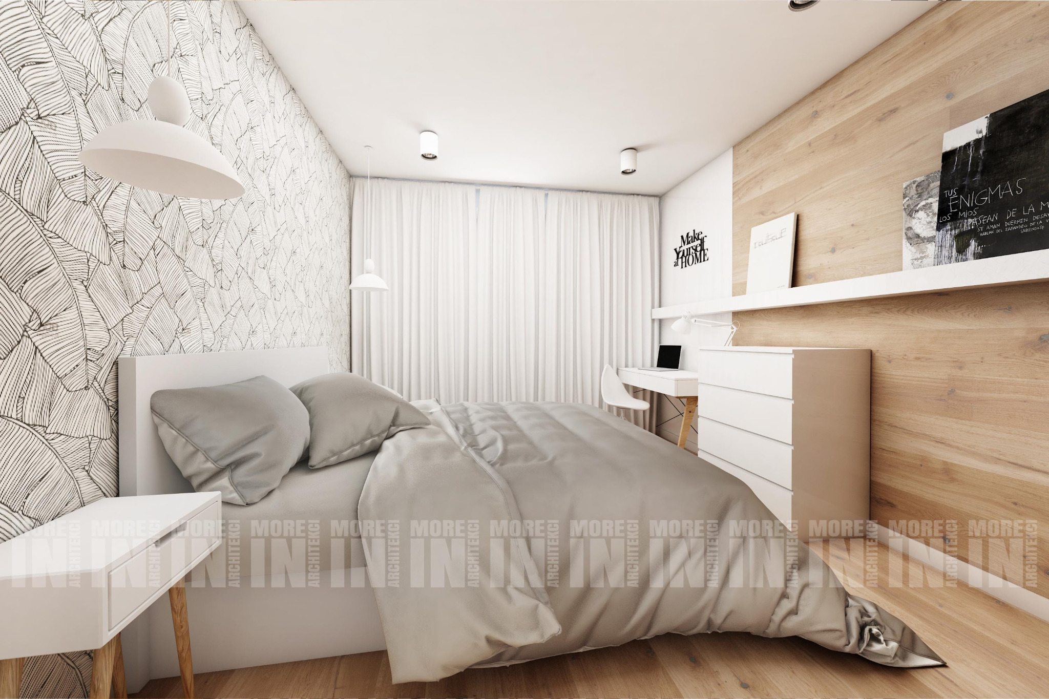 Nowoczesna sypialnia z biało-szarą kolorystyką, wzorzysta tapeta z motywem liści na jednej ścianie, drewniana okładzina na drugiej, białe meble, biurko z laptopem i plakaty na półce.