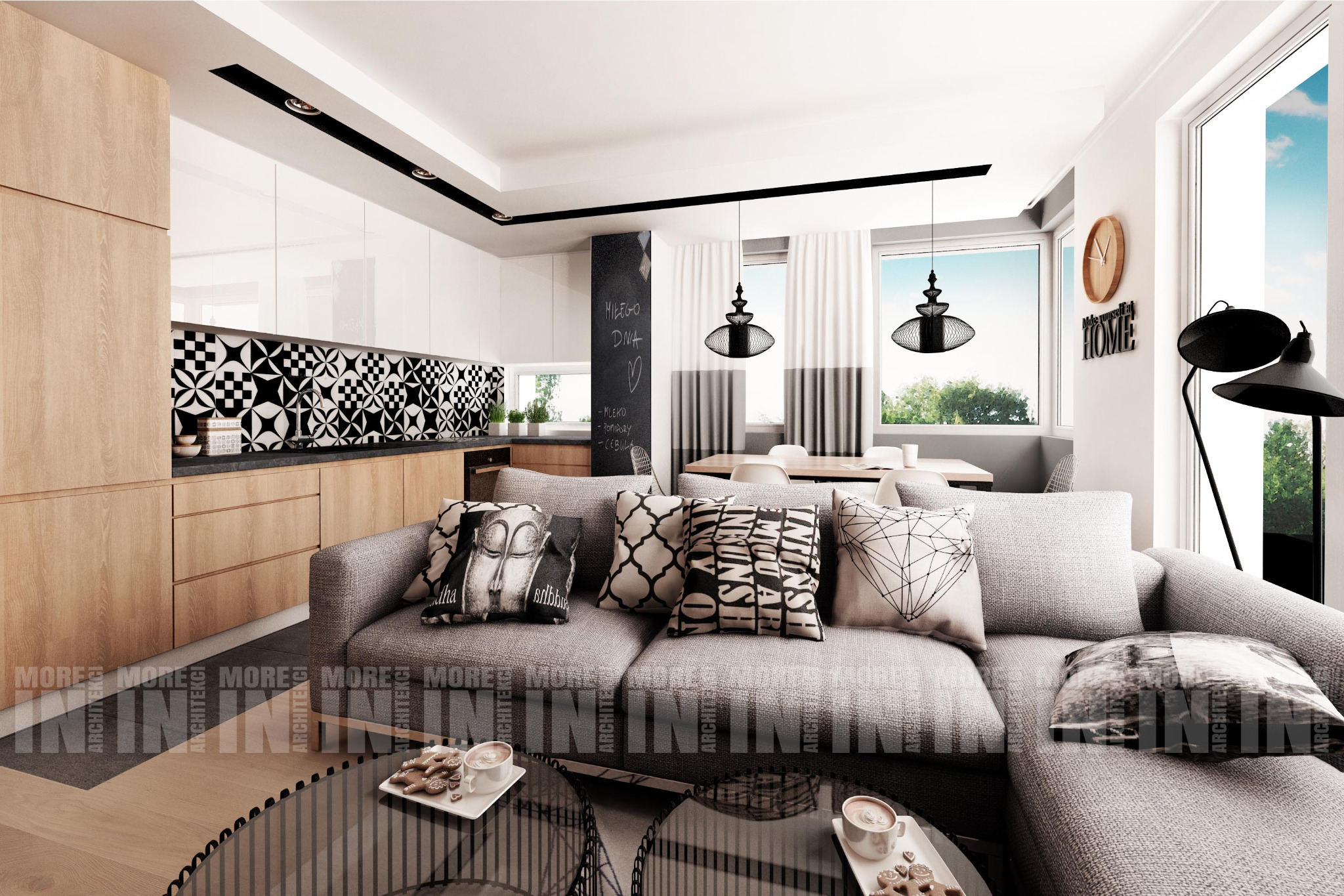 Wnętrze mieszkania z otwartą kuchnią, szarą sofą z dekoracyjnymi poduszkami, stolikami kawowymi z przekąskami i napojami, czarną tablicą kredową z napisem, drewnianymi szafkami kuchennymi...