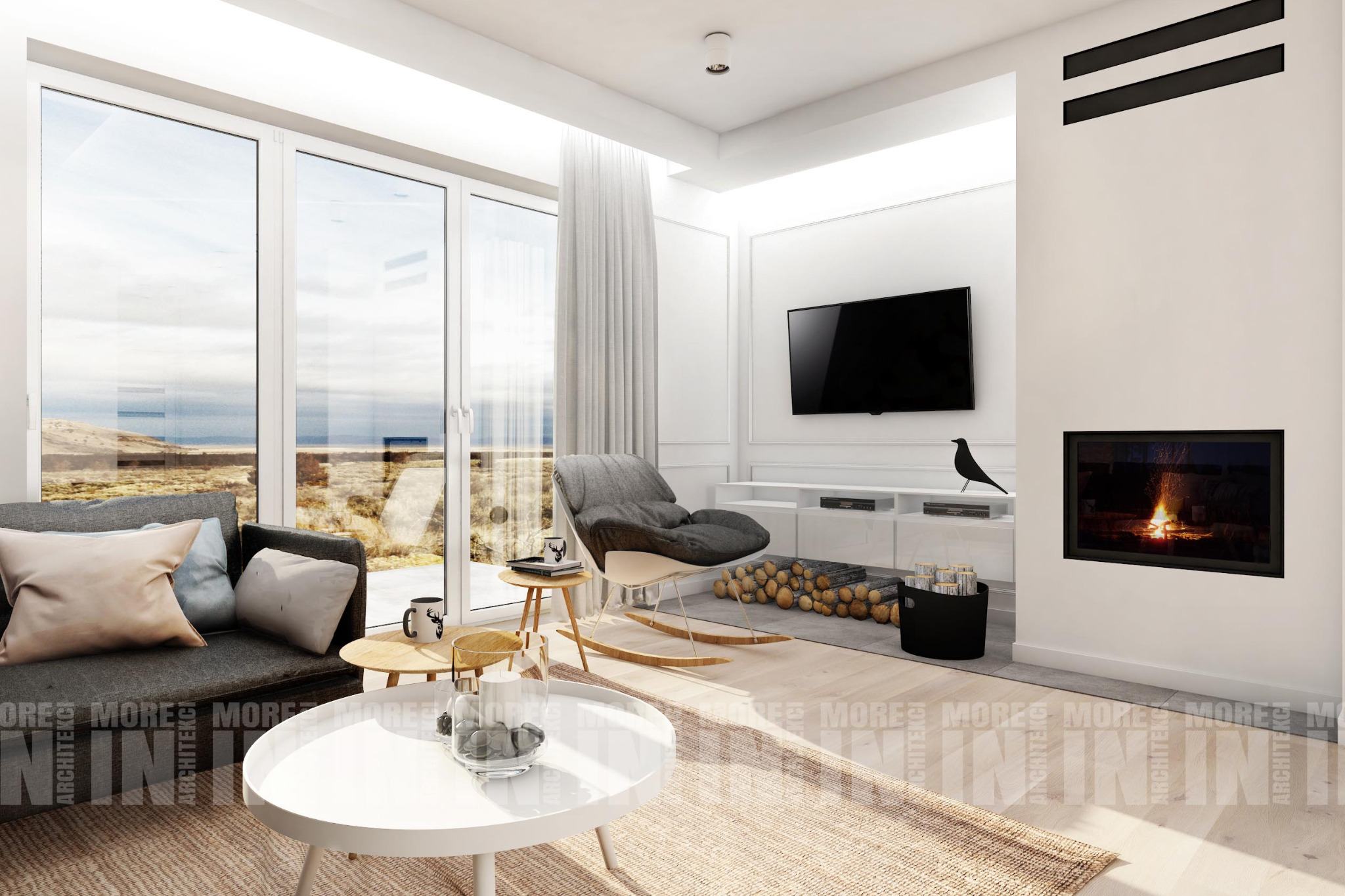 Jasne wnętrze salonu z dużym oknem i widokiem na krajobraz, minimalistyczny design z kominkiem i elementami drewna.