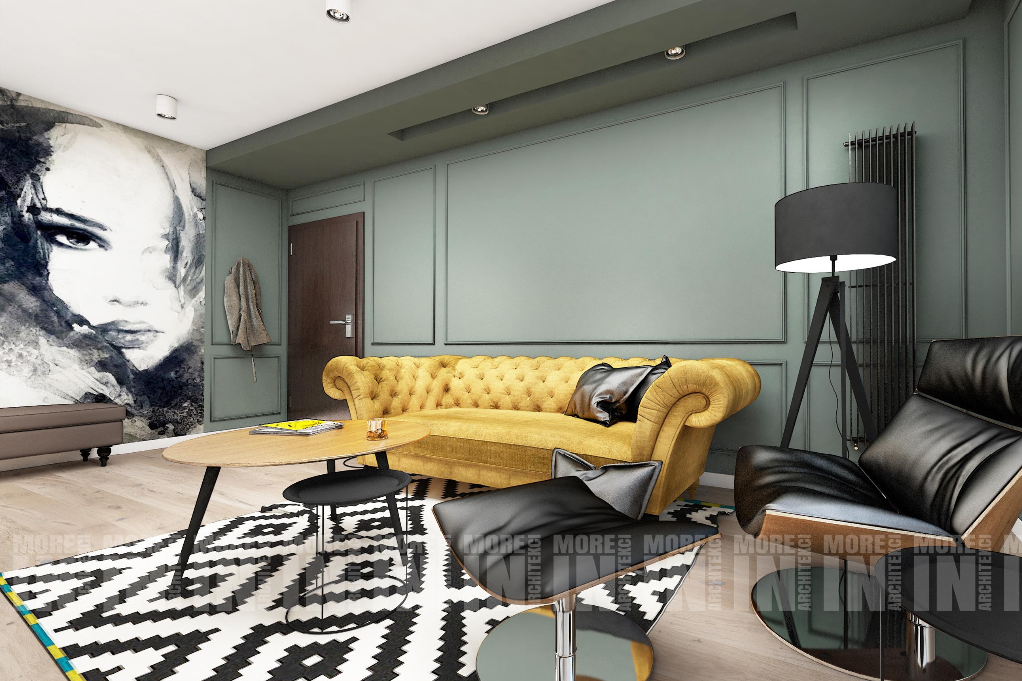 Wizualizacja salonu z żółtą sofą chesterfield, czarnym fotelem i dywanem w geometryczne wzory, ściana zdobiona muralem z portretem kobiety.