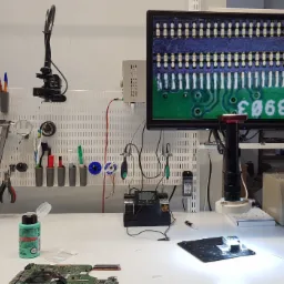 Stanowisko pracy elektronika: płyta główna laptopa pod mikroskopem, widoczny powiększony fragment układu scalonego na monitorze, narzędzia do lutowania, preparat czyszczący i organizer narzędzi...