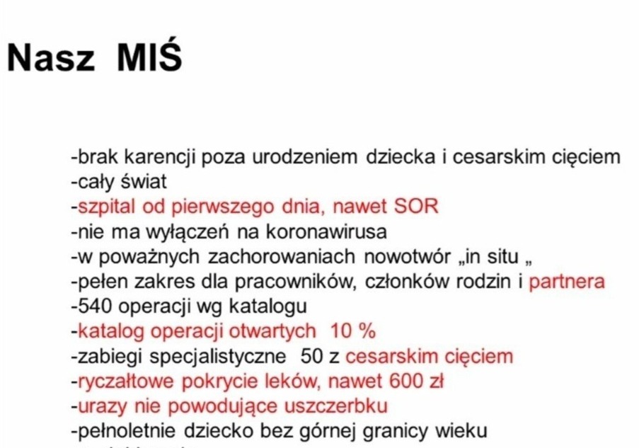 Tekst informacyjny o ubezpieczeniu zdrowotnym 'Nasz MIŚ' z wyszczególnionymi korzyściami, takimi jak brak karencji po urodzeniu dziecka, opieka szpitalna od pierwszego dnia i pokrycie kosztów leków.