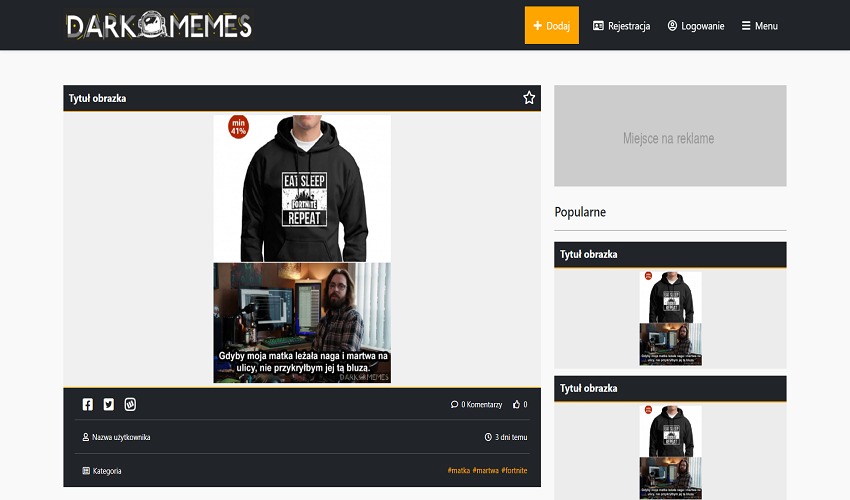 Zrzut ekranu strony internetowej z tytułem obrazka prezentującego bluzę z napisem 'Eat Sleep Fortnite Repeat' oraz mem z mężczyzną siedzącym przed komputerem.