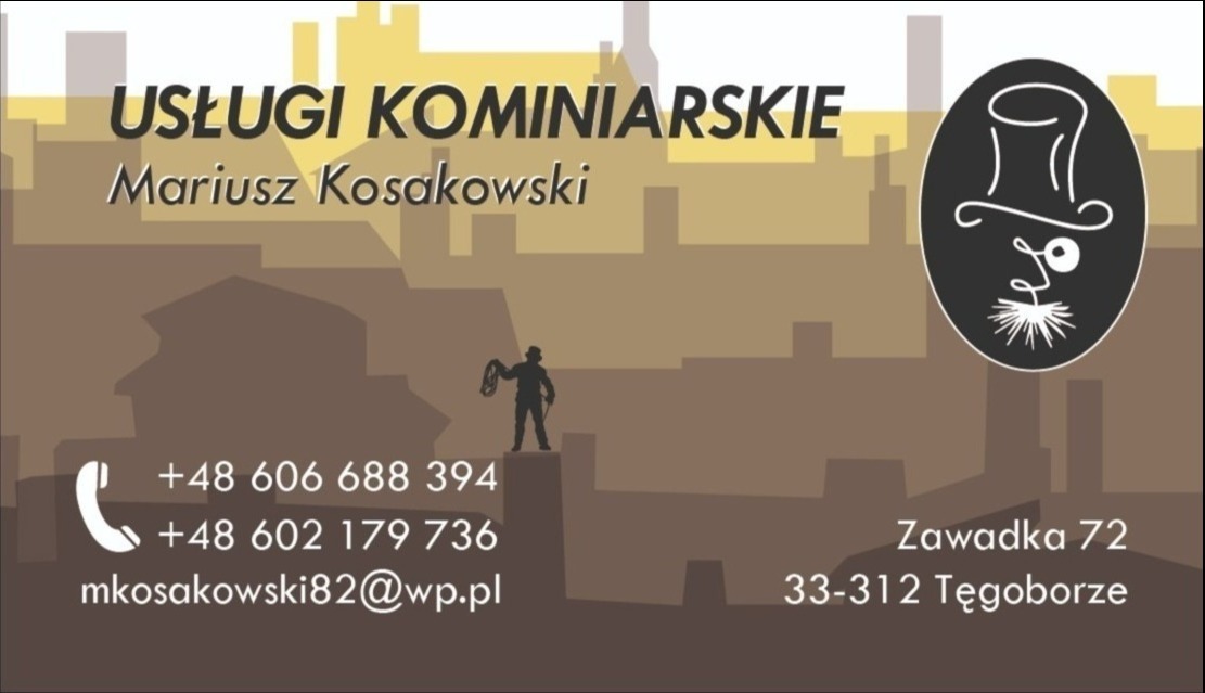 Wizytówka firmy oferującej usługi kominiarskie: nazwa firmy, imię i nazwisko, numery telefonów, adres e-mail oraz adres siedziby na tle grafiki przedstawiającej sylwetkę osoby z szczotką na dachu...