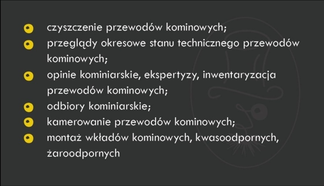 Grafika informacyjna prezentująca zakres usług związanych z przewodami kominowymi: czyszczenie, przeglądy, opinie, odbiory, kamerowanie oraz montaż wkładów.