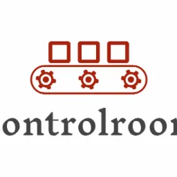 Grafika: Ciemnoszary napis 'Controlroom' pod czerwoną ikoną linii produkcyjnej z trzema kołami zębatymi i trzema kwadratami na białym tle.