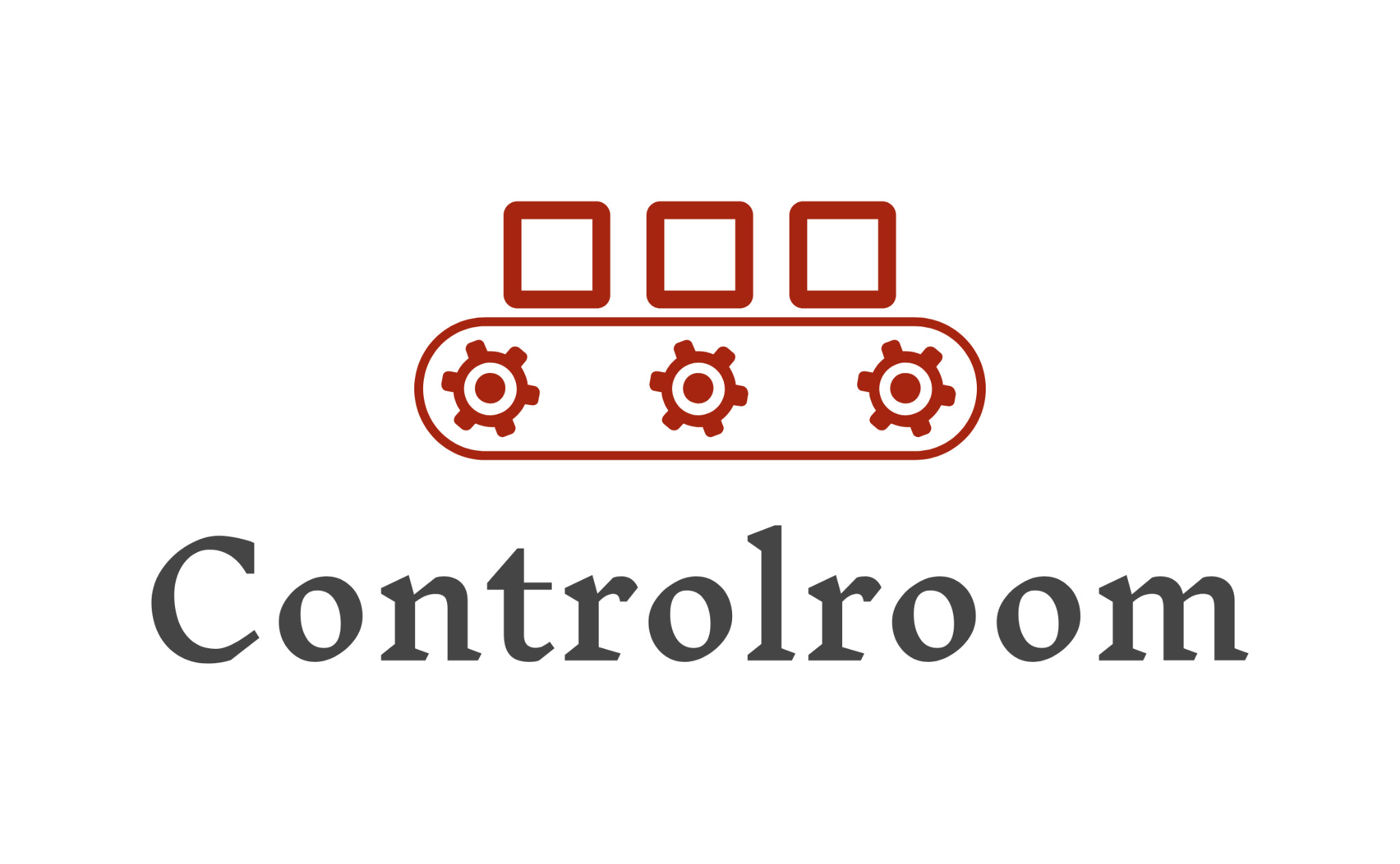 Grafika: Ciemnoszary napis 'Controlroom' pod czerwoną ikoną linii produkcyjnej z trzema kołami zębatymi i trzema kwadratami na białym tle.