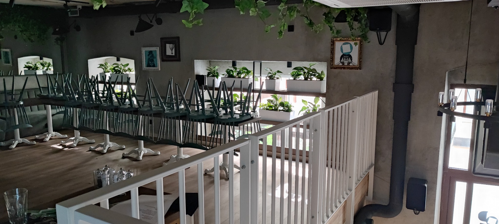 Industrialna aranżacja wnętrza restauracji z krzesłami ułożonymi na stołach, roślinami w białych donicach na tle szarej ściany i białej balustrady.