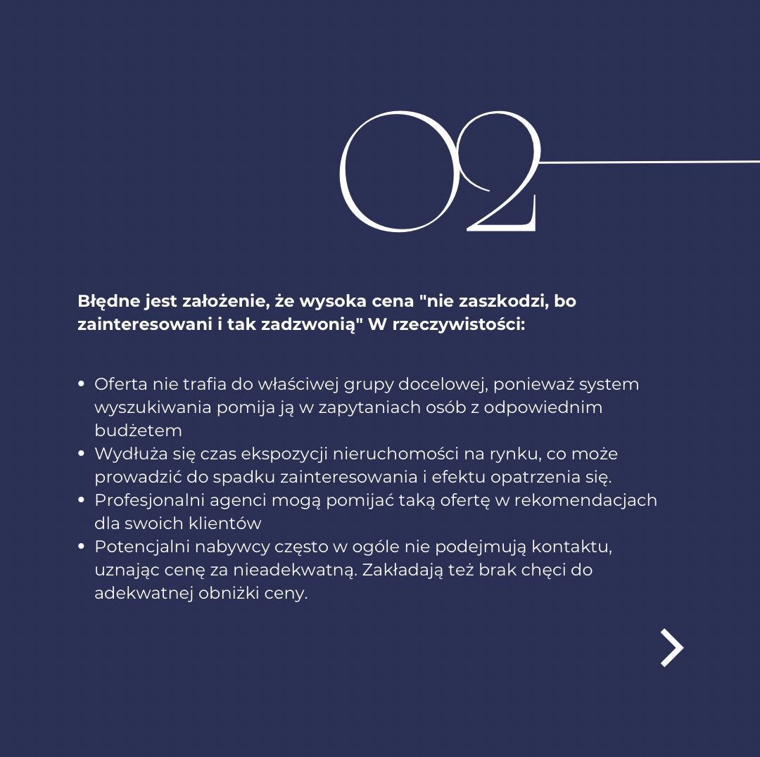 Grafika z tekstem o błędnym założeniu, że wysoka cena nieruchomości nie zaszkodzi zainteresowaniu, z logo firmy w górnej części i strzałką w prawym dolnym rogu.