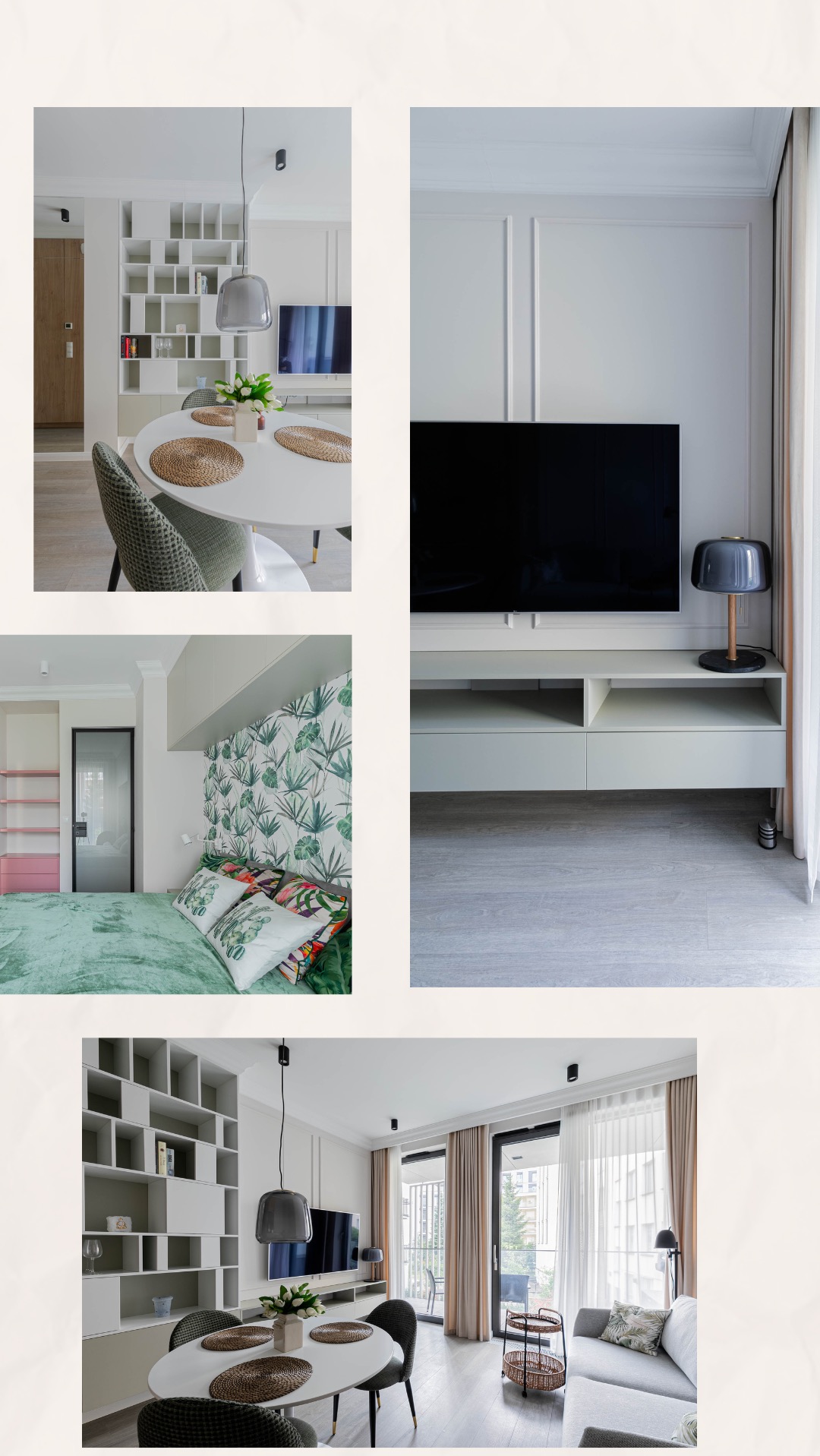 Kolaż przedstawiający fragmenty wnętrza mieszkania: jadalnia z okrągłym stołem i krzesłami, sypialnia z zielonym łóżkiem i tapetą w liście, salon z telewizorem i szarą kanapą, wszystkie utrzymane...