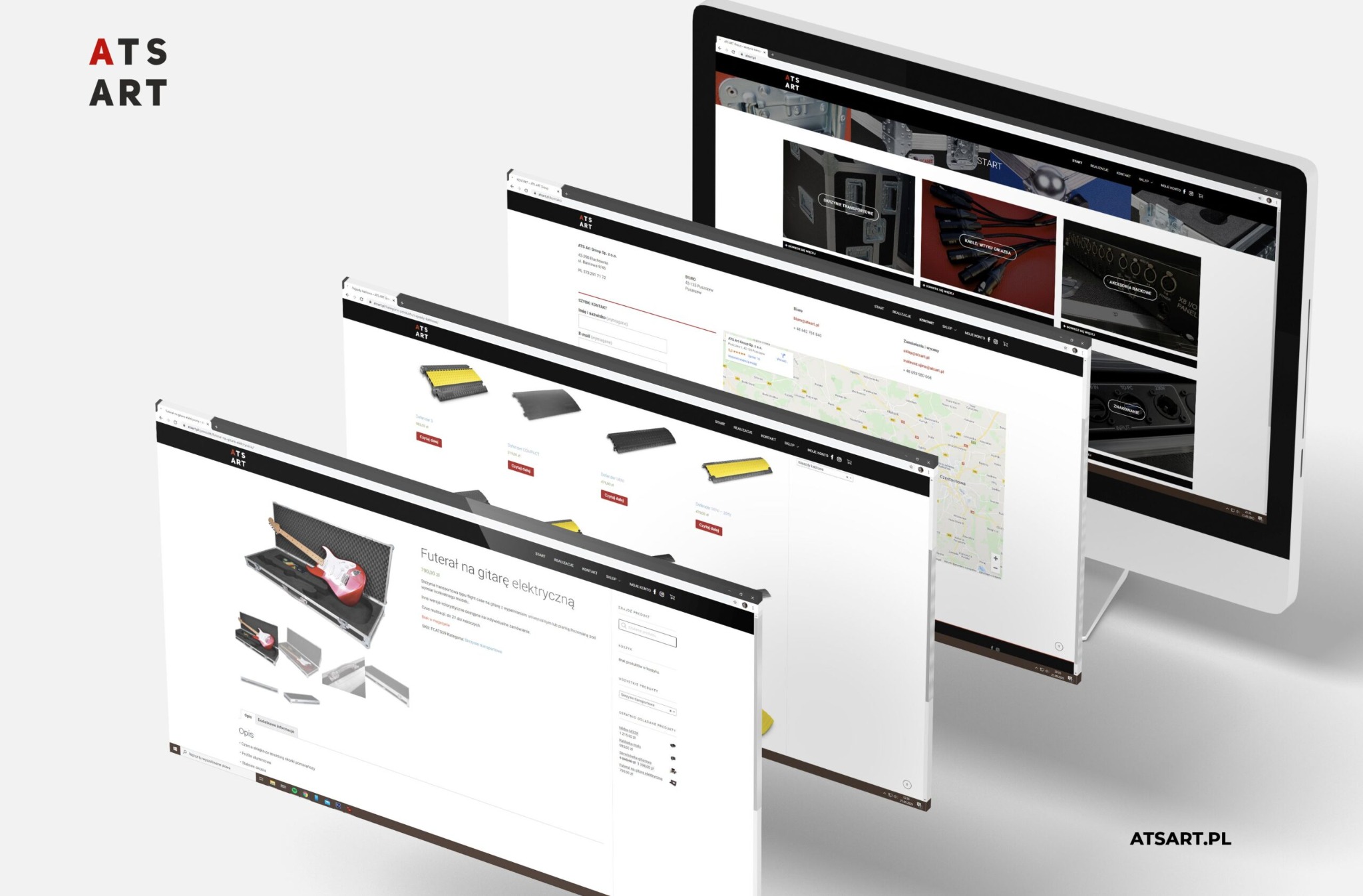 Kompozycja kilku ekranów monitorów prezentujących stronę internetową z różnymi podstronami, w tym futerał na gitarę elektryczną, mapę i akcesoria muzyczne, całość w minimalistycznym stylu.