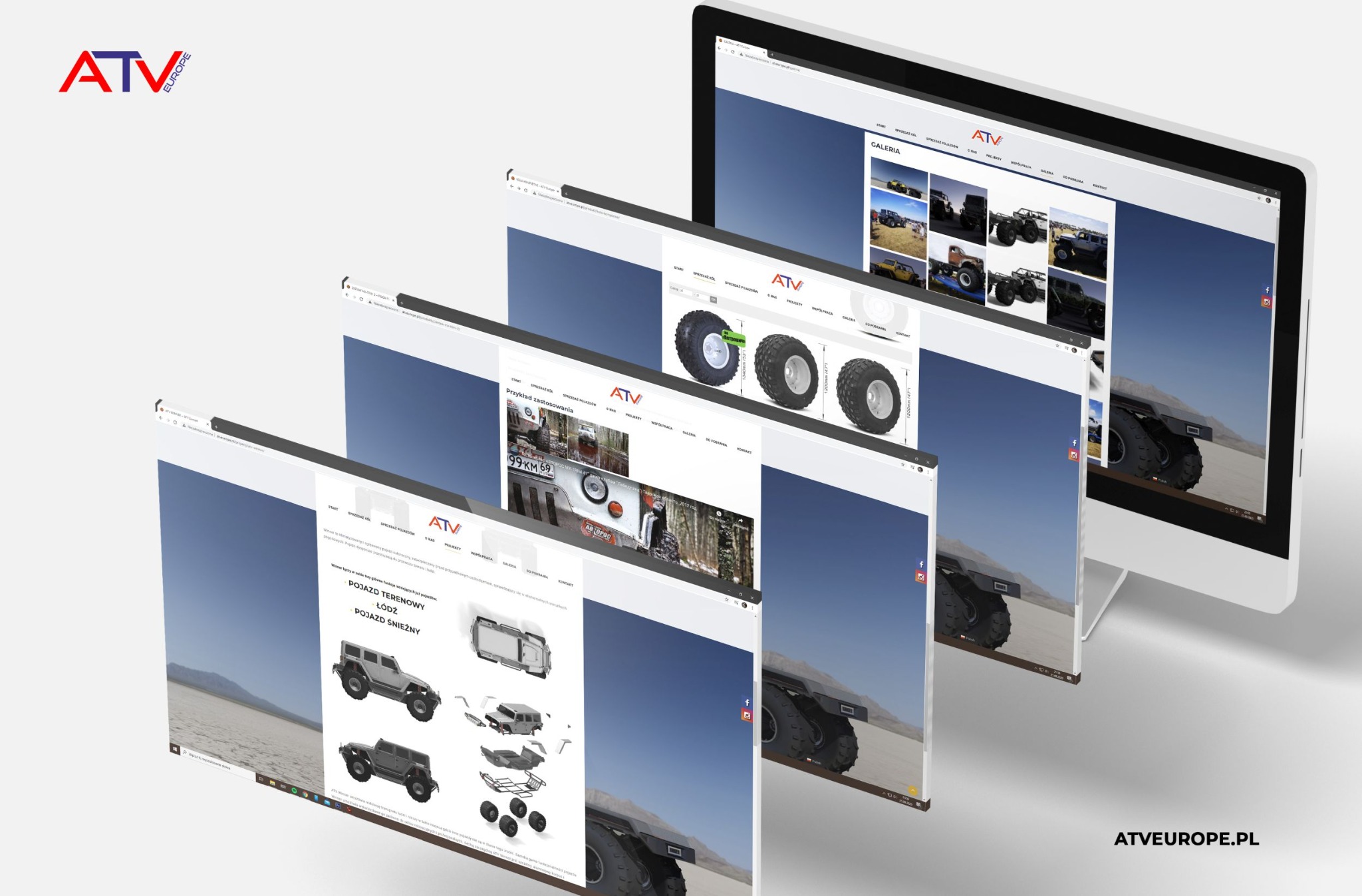 Wizualizacja responsywnej strony internetowej ATV Europe na kilku ekranach, prezentująca galerię zdjęć pojazdów ATV oraz ich części, z uwzględnieniem wersji mobilnej.