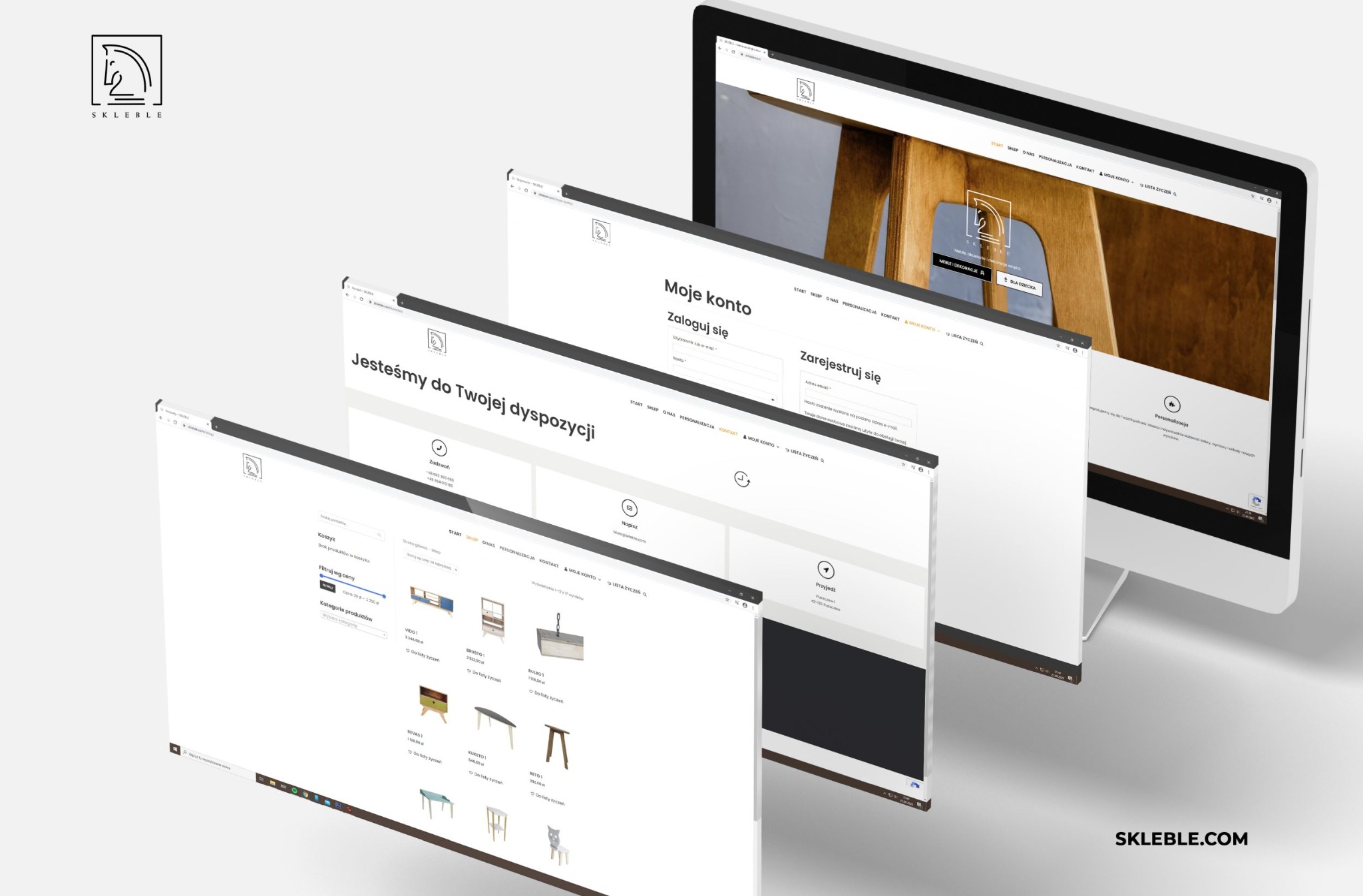 Komputer stacjonarny wyświetlający stronę internetową skleble.com z widocznymi zakładkami Moje Konto, Zaloguj się, Zarejestruj się oraz ofertą mebli, dodatkowo widoczne dwie otwarte przeglądarki...
