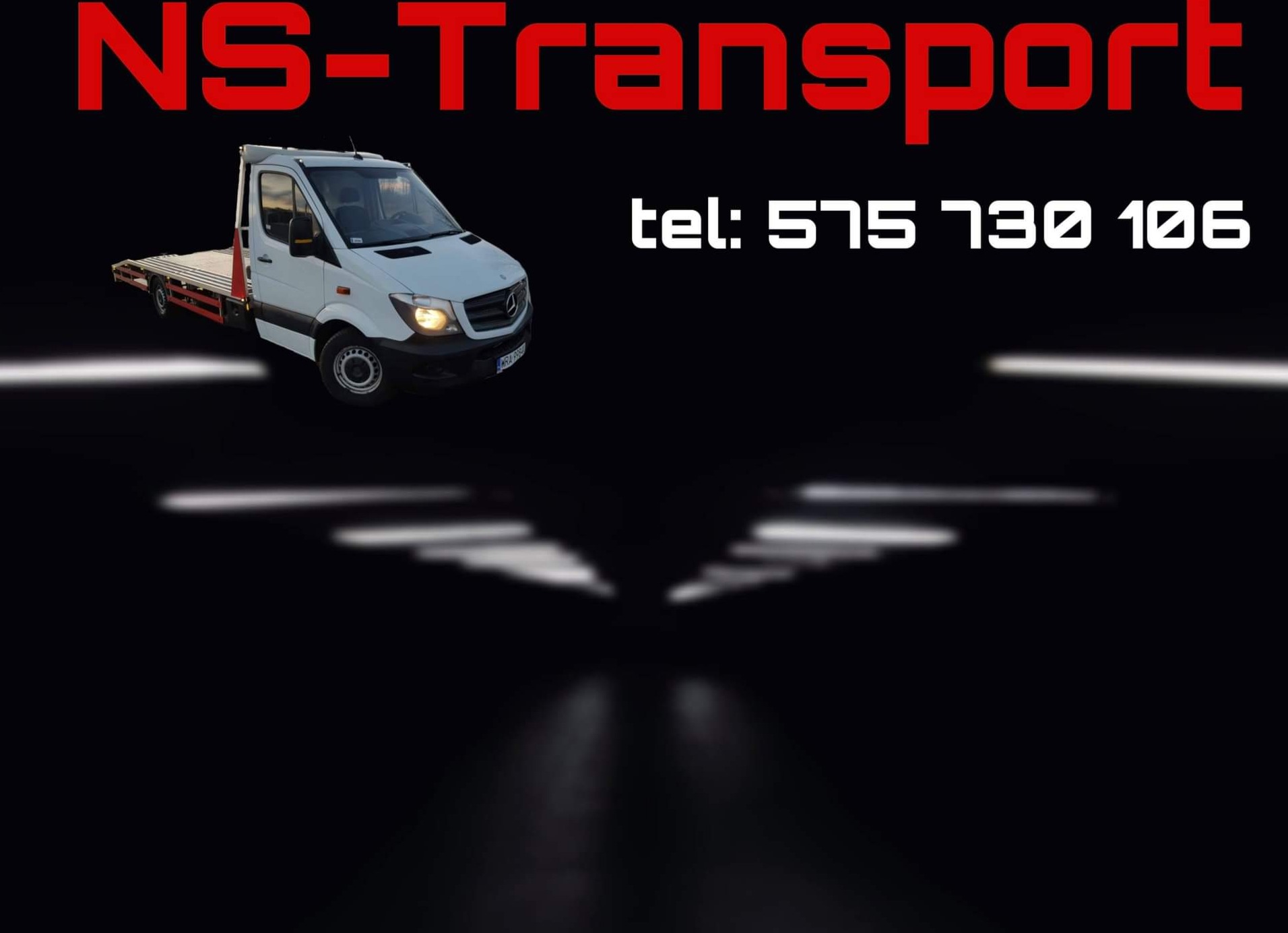 Biała laweta marki Mercedes-Benz na czarnym tle z czerwonym napisem NS-Transport i numerem telefonu 575 730 106.