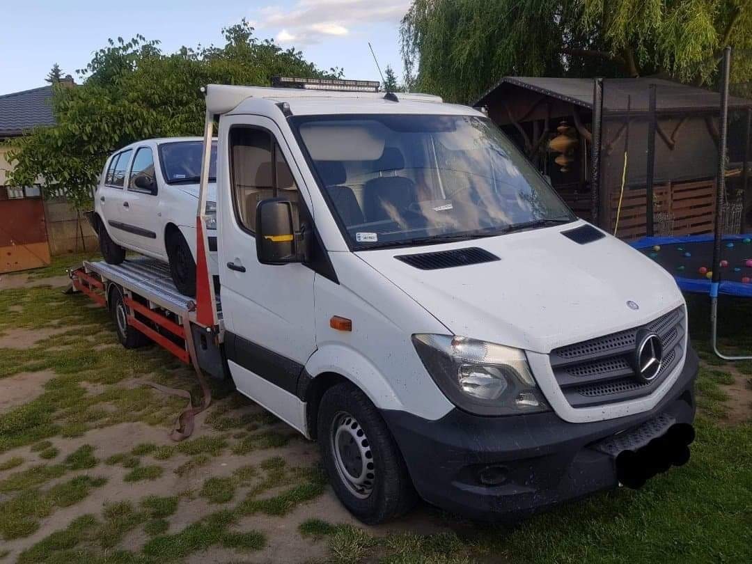 Biała laweta Mercedes-Benz Sprinter z załadowanym białym samochodem osobowym na tle zielonego ogrodu z altaną i trampoliną.