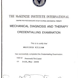 Dr Wojciech Kilijan Dyplom Terapeuty Certyfikowanego Międzynarodowego Instytutu McKenziego Sklep Medyczny Soleus 