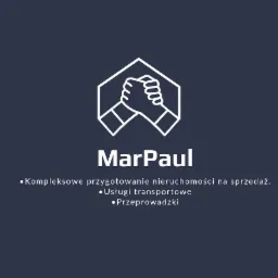 Logo firmy MarPaul z ikoną dłoni w uścisku, oferującej kompleksowe przygotowanie nieruchomości na sprzedaż oraz usługi transportowe i  przeprowadzki.