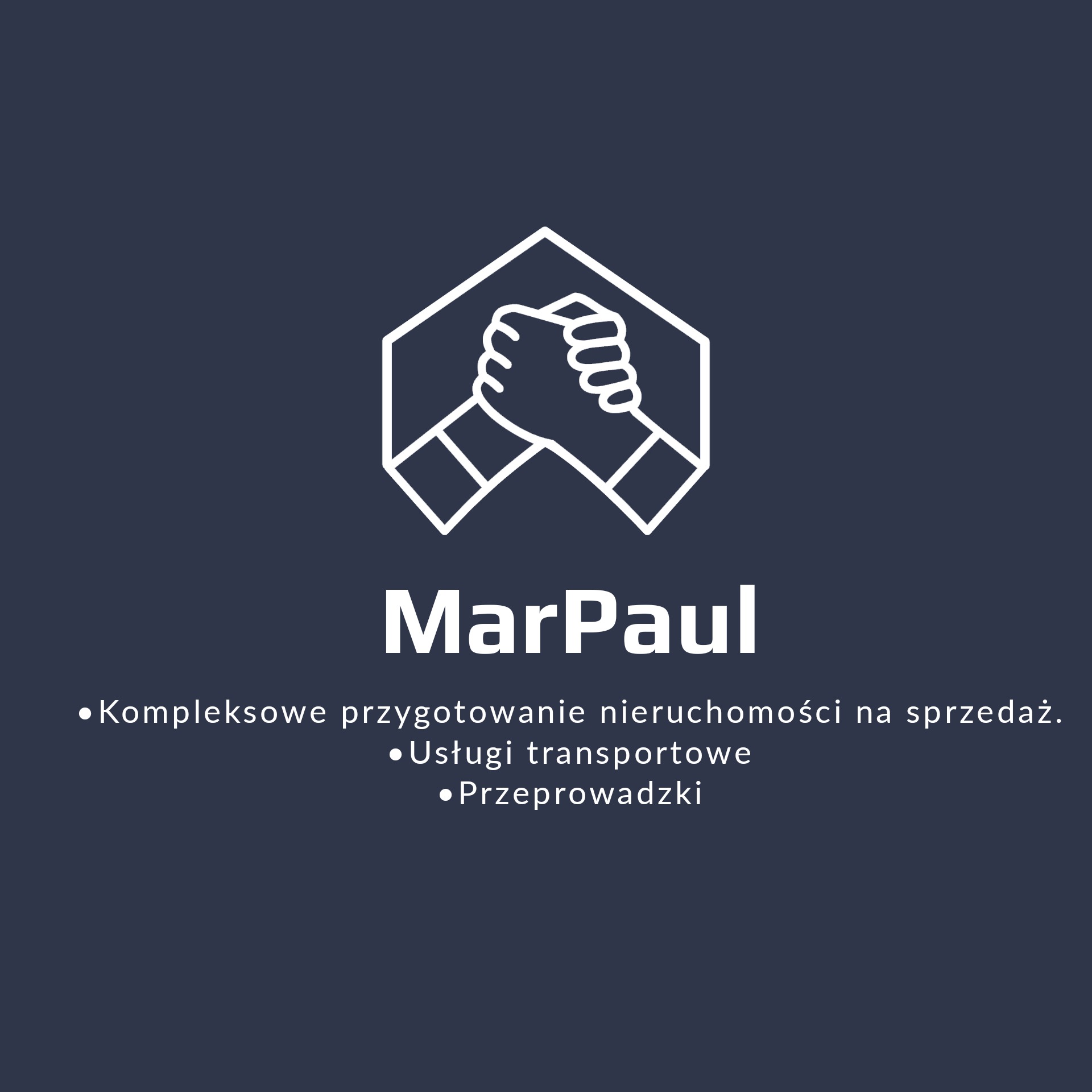 Logo firmy MarPaul z ikoną dłoni w uścisku, oferującej kompleksowe przygotowanie nieruchomości na sprzedaż oraz usługi transportowe i  przeprowadzki.