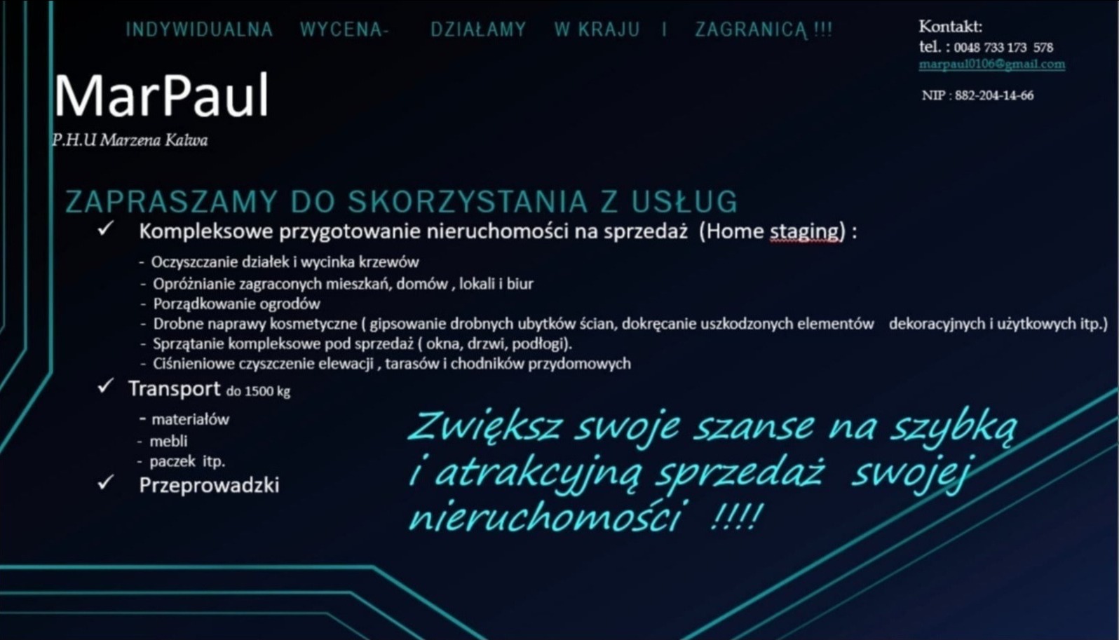 Grafika reklamowa firmy MarPaul, oferującej kompleksowe przygotowanie nieruchomości na sprzedaż, w tym sprzątanie, opróżnianie, transport oraz czyszczenie elewacji.