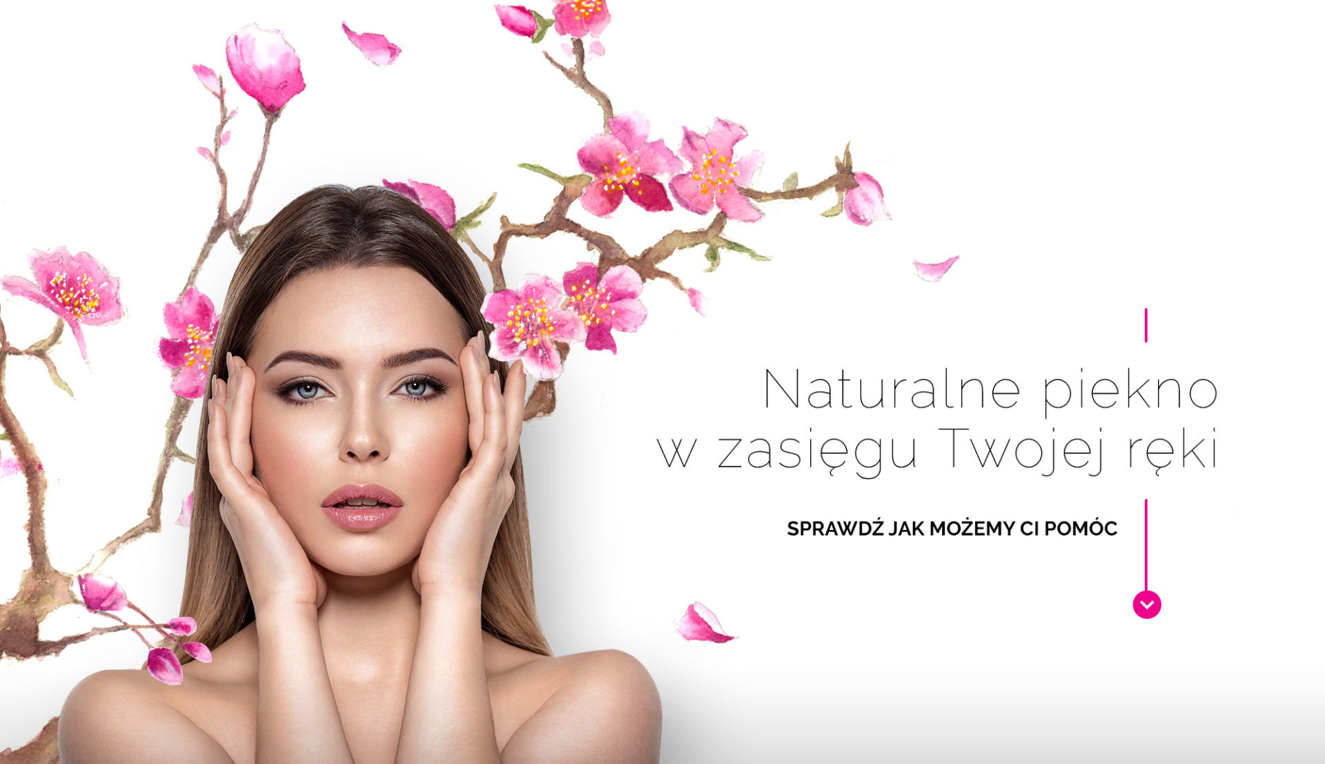 Portret kobiety z dłońmi przy twarzy, akwarelowe gałązki kwitnącej wiśni w tle, napis 'Naturalne piękno w zasięgu Twojej ręki'.