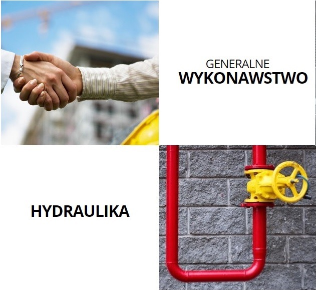 Kompozycja z czterech kadrów: uścisk dłoni na tle budowy, napis 'GENERALNE WYKONAWSTWO', napis 'HYDRAULIKA' oraz czerwona rura z żółtym zaworem na tle muru z szarych cegieł.