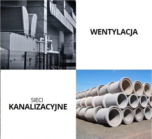 Kolaż: system wentylacji przemysłowej w czerni i bieli, tekst 'WENTYLACJA', tekst 'SIECI KANALIZACYJNE' oraz stos betonowych rur kanalizacyjnych na tle błękitnego nieba.