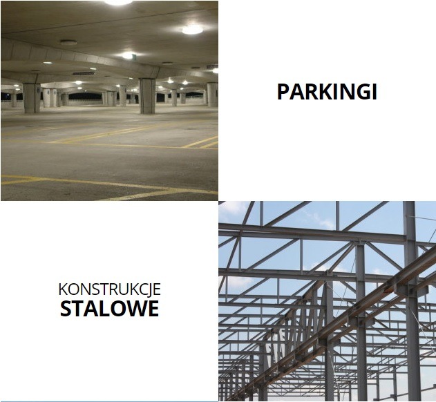 Kolaż: górny lewy róg przedstawia wnętrze pustego parkingu wielopoziomowego z betonowymi słupami i rzędami lamp sufitowych; górny prawy róg zawiera napis 'PARKINGI'; dolny lewy róg zawiera napis...