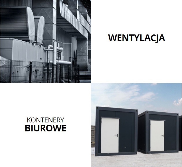 Kolaż: system wentylacyjny na dachu budynku w czerni i bieli oraz dwa szare kontenery biurowe z białymi drzwiami na zewnątrz.