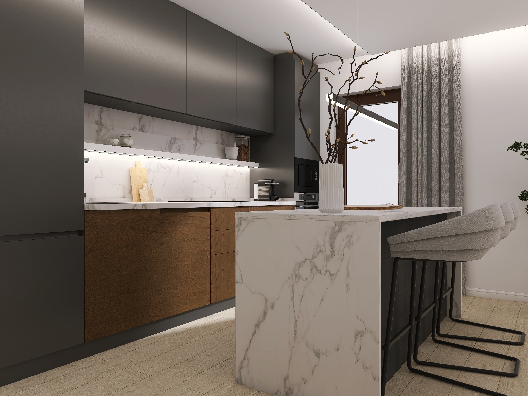 Nowoczesna kuchnia z wyspą wykończoną marmurem, szare szafki górne i drewniane dolne, minimalistyczne krzesła barowe, dekoracyjne gałęzie w wazonie.