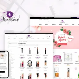 Widok strony internetowej abcKosmetyczne.pl z Gdańska, prezentującej ofertę kosmetyków do makijażu oraz depilator laserowy IPL na smartfonie, na tle akcesoriów do makijażu.