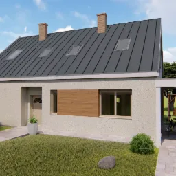 Wizualizacja domu jednorodzinnego z szarą blachą na dachu, trzema oknami dachowymi, beżową elewacją, drewnianymi panelami przy oknach, wiatą garażową z huśtawką i białym samochodem.