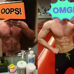 Efekt metamorfozy sylwetki w Poznaniu: Po lewej zdjęcie przed, z widoczną łazienkową półką z kosmetykami, po prawej zdjęcie po treningach na tle czerwonej bieżni w siłowni.