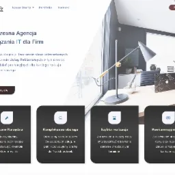 Wnętrze biura z biurkiem, lampką, laptopem z marmurkową obudową i dekoracjami na tle ciemnoszarej ściany z czterema obrazami w białych ramkach, prezentowane na stronie internetowej agencji IT.