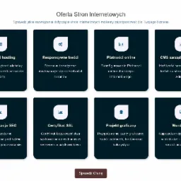 Prezentacja oferty usług związanych ze stronami internetowymi, obejmująca hosting, responsywność, płatności online, CMS, optymalizację SEO, certyfikaty SSL, projekty graficzne i WordPress...