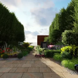 Wizualizacja ogrodu z kamienną ścieżką, formowanymi żywopłotami i rabatami kwiatowymi prowadzącą do nowoczesnej fontanny z ciemnego kamienia na tle drewnianej ściany.