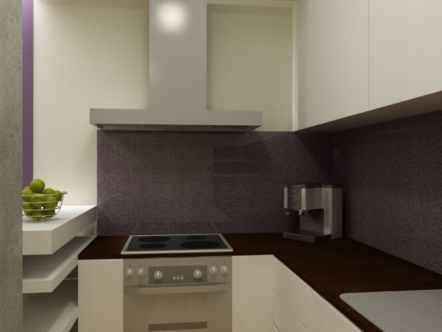 Wizualizacja fragmentu kuchni z białymi szafkami, ciemnobrązowym blatem, kuchenką elektryczną i ekspresem do kawy; na półce koszyk z zielonymi jabłkami.