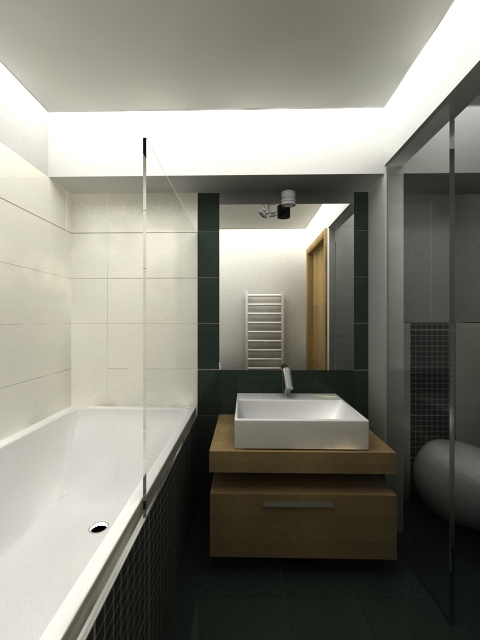 Wizualizacja łazienki z wanną, umywalką nablatową na drewnianej szafce, szklaną ścianką prysznicową i ukrytymi punktowymi światłami.