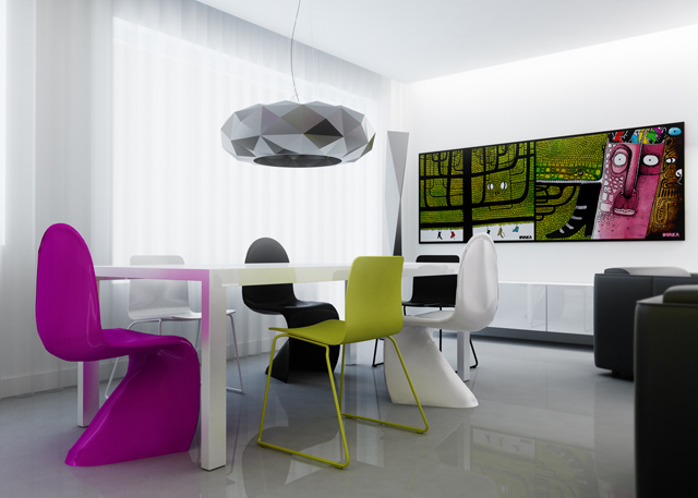 Nowoczesna jadalnia z białym stołem, kolorowymi krzesłami (różowe, zielone, czarne, białe) i abstrakcyjnym obrazem na ścianie, oświetlona geometryczną lampą wiszącą.