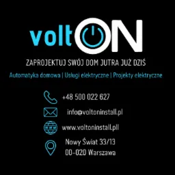 Logo firmy Volton instalacje elektryczne i automatyka domowa z hasłem 'Zaprojektuj swój dom jutra już dziś' oraz danymi kontaktowymi: numer telefonu, adres email, strona internetowa i adres biura...