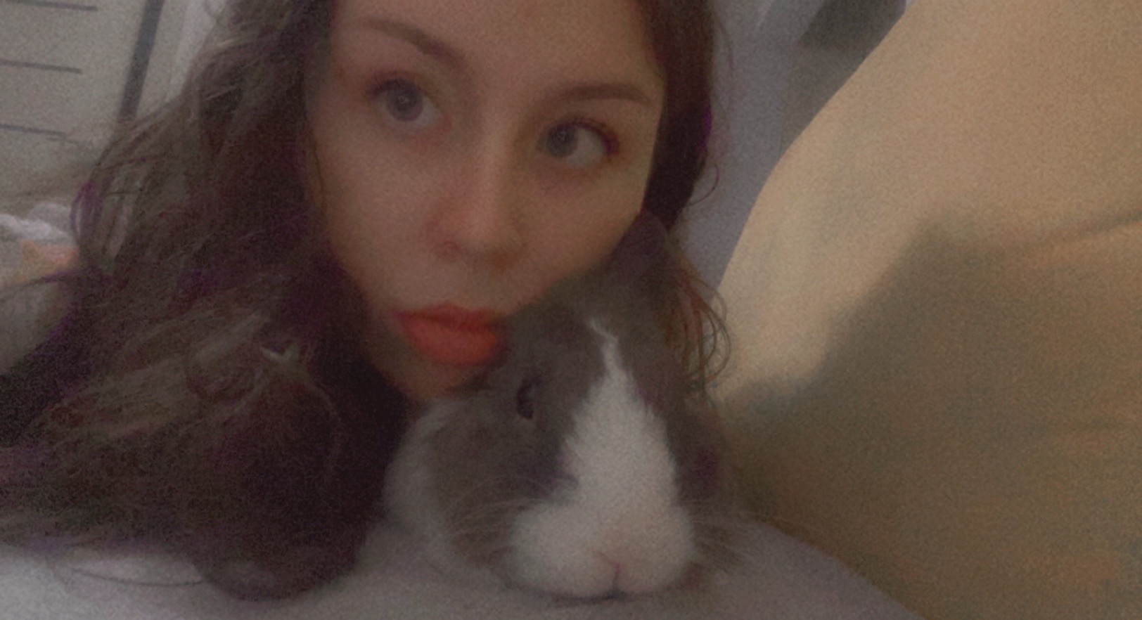 Kobieta przytula szarego królika z białą plamą na pysku, leżąc na jasnej pościeli.