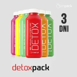 Rząd kolorowych butelek z sokiem, etykieta 'Detox', napis '3 DNI' w tle, logo firmy Slimpack.