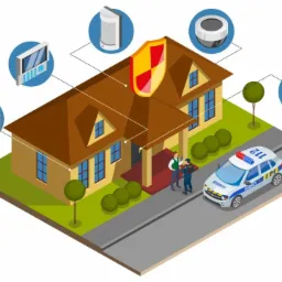 Izometryczny widok domu z systemem bezpieczeństwa: kamery, czujniki, panel sterowania, ochrona interweniująca na miejscu z radiowozem.