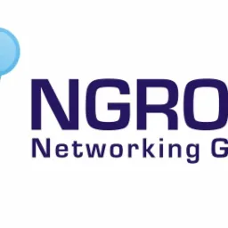 Logo firmy NGROUP Networking Group z stylizowaną literą N utworzoną z połączonych kropek w odcieniach niebieskiego.