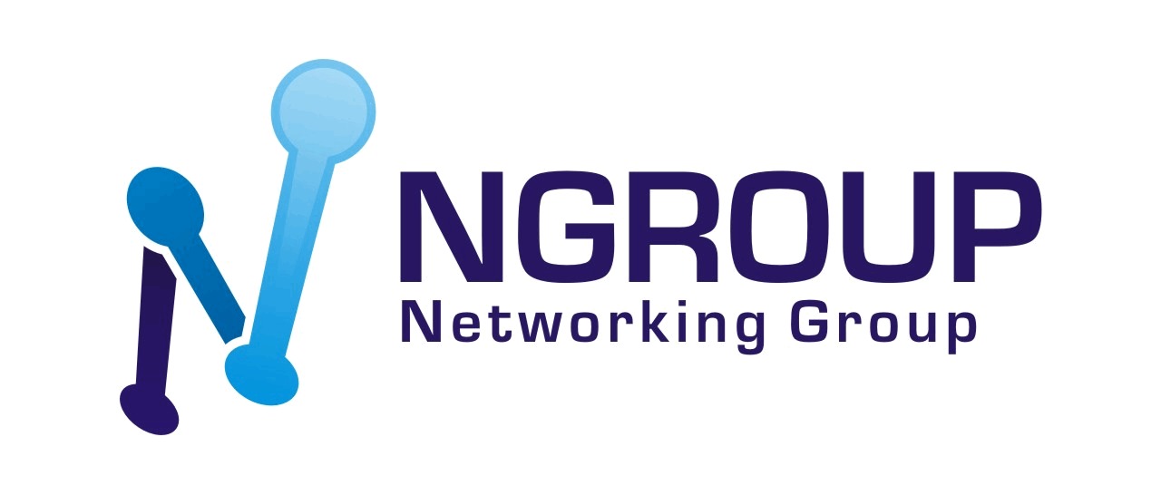 Logo firmy NGROUP Networking Group z stylizowaną literą N utworzoną z połączonych kropek w odcieniach niebieskiego.