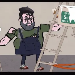 Karykaturalny malarz w berecie, z wałkiem i drabiną, obok puszki z farbą 'Śnieżka Biała', w pustym pokoju. Grafika.